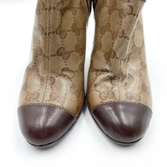Gucci GG Booties Brown Monogram Patent Stiletto Gold Bow Cap Toe Sz 36 / 6